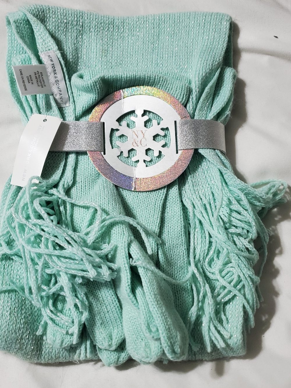 New York & Company Mint Knit Scarf and Glove Set with Fringe